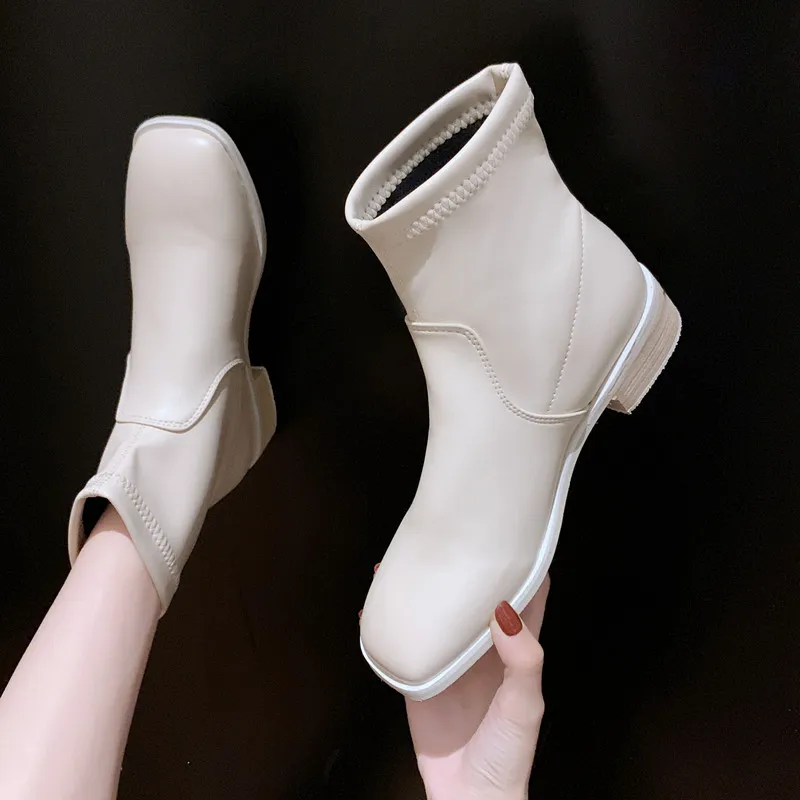 

Rock Shoes Woman White Mid-Calf Boots Boots-women Low Heels booties Booties Ladies Lace Up Round Toe Luxury Designer Winter