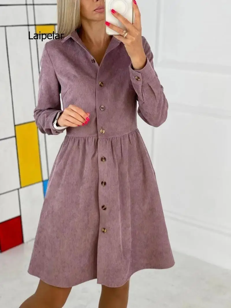 

V Neck Long Sleeve Autumn Dress Women Vintage Coat Corduroy Button Up Single Row Shirts Elegant