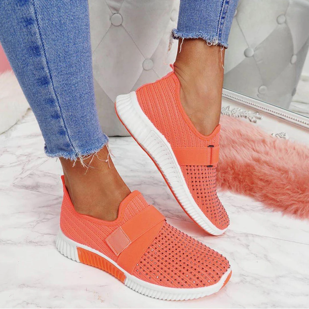 Fashion Women's Shoes Flat Soft Bottom Mesh Breathable Casual Sneakers Rhinestone Single Shoes Large Size Women Sports Shoes 