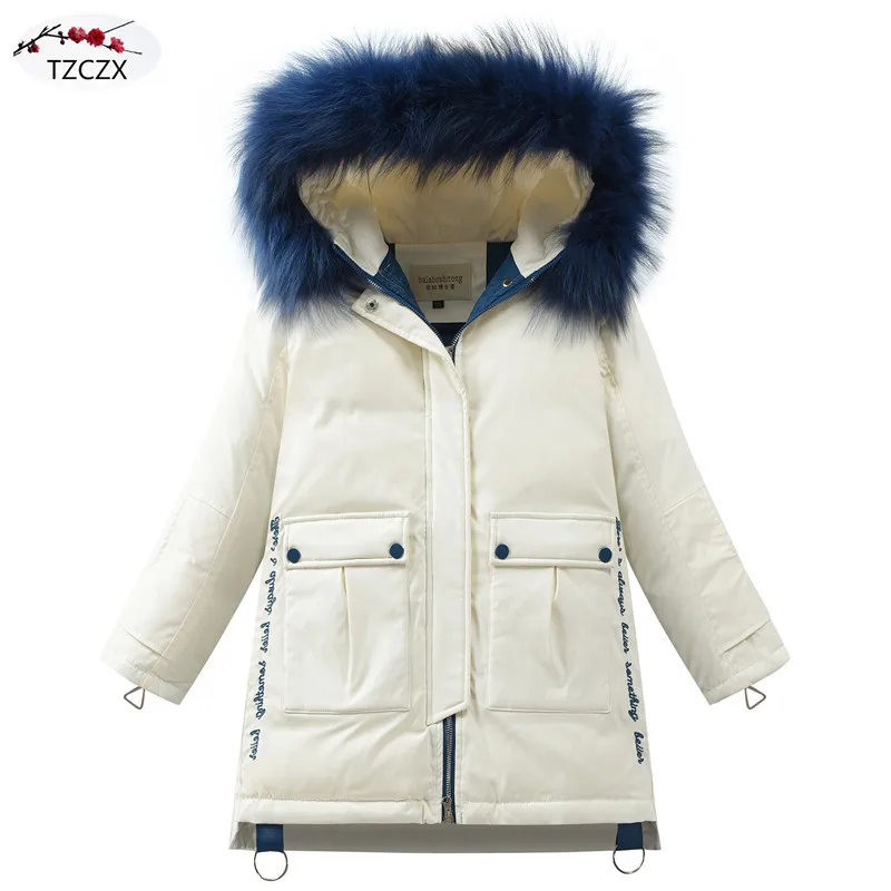 Зимние детские пуховики с капюшоном; модная однотонная пуховая верхняя одежда с меховым воротником для девочек; детская куртка; пальто