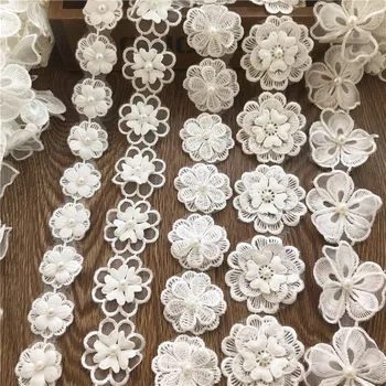

2Meters/lot Organza White Lace Nail Pearl 3D Lace Flower Wedding Dress DIY Handmade Decoration Accessories RS2950