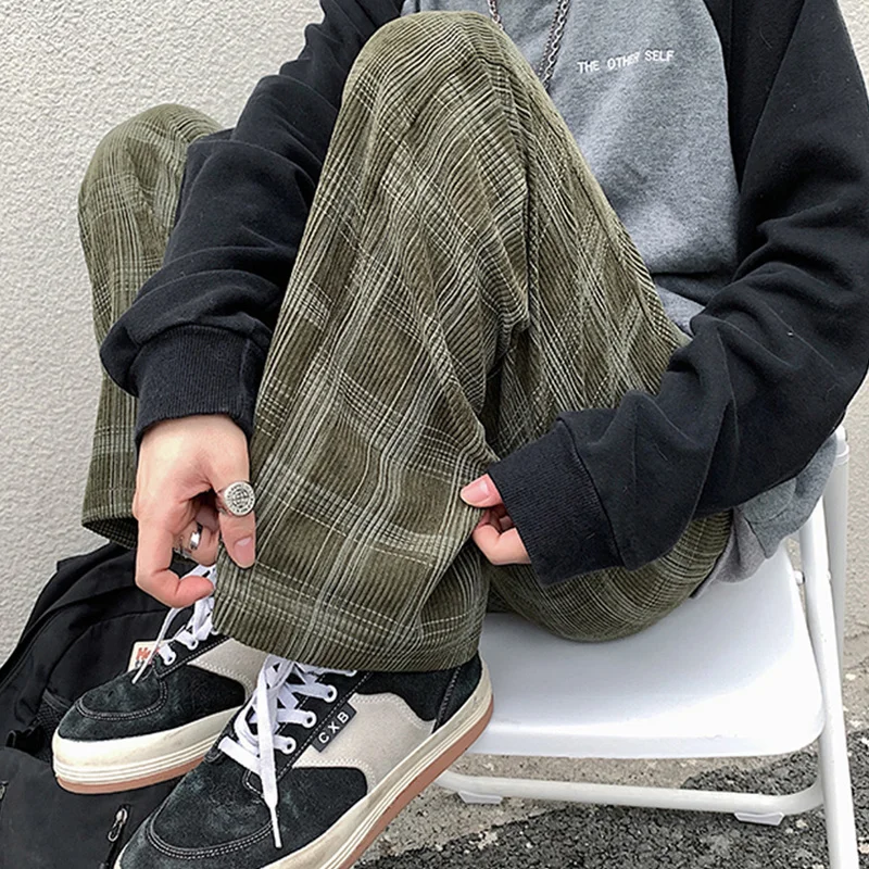Wide Leg Pants Men Spring Casual Plaid Vintage BF Couple Straight Corduroy Streetwear Harajuku Oversize S-3XL