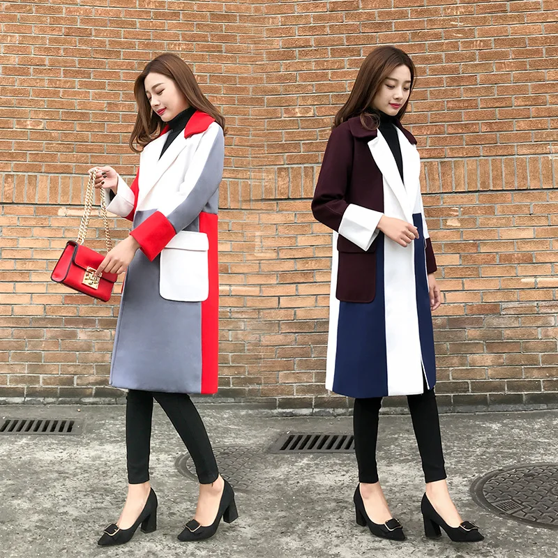 

Plus Thick Cotton 2019 Autumn And Winter New Style Fashion Contrast Color Woolen Coat Mid-length Slim Fit Slimming Woolen Jacket