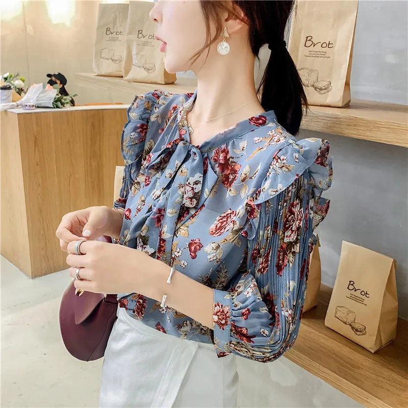 

2019 summer women half sleeve floral chiffon shirts Women clothing Summer bow tie Chiffon Shirt Top Printed Tops Ladies blouse
