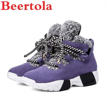 

New Cow Suede Casual Women's Shoes Thick Bottom Autumn High Top Flats Shoes Women Size43 Black Purple Leisure Style Ladies Shoes