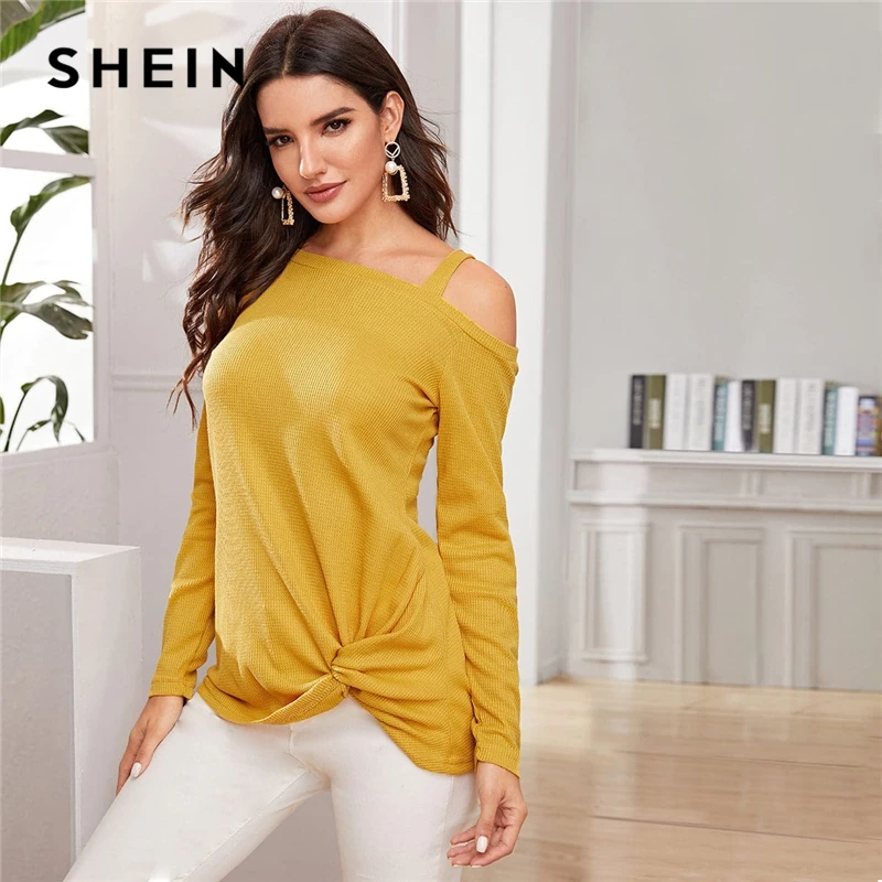 Cena SHEIN żółty asymetryczny dekolt Twist Hem swobodny sweter kobiety odzież streetwear na jesień i zimę z długim rękawem solidne damskie swetry w stylu casual