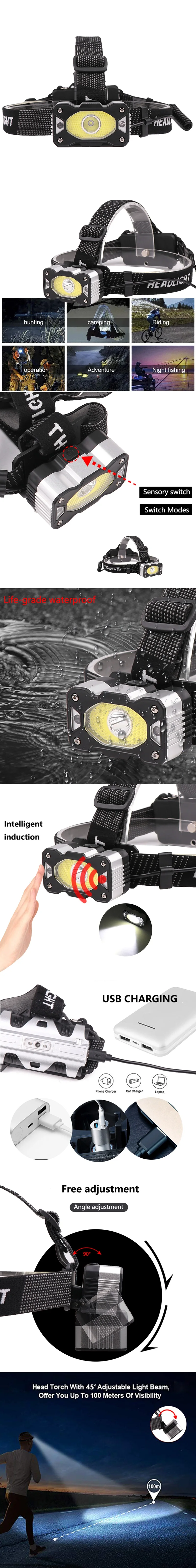USB Sensor Head Light Torch Camping Headlamp Headlight Lamp Rechargeable LED Headlamp Headlamp Flashlight