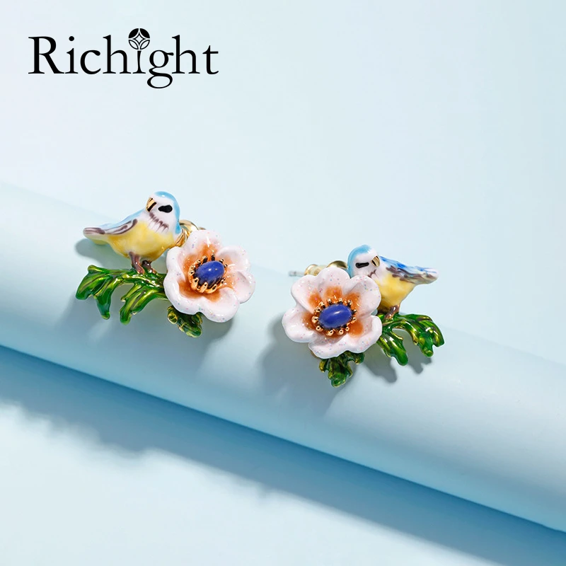 

Cute Flower and Blue Tit Earrings Handmade Vintage Enamel Jewelry Stud Earrings Gold Clip On Screw Back Earring Bridesmaid Gift