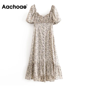 Aachoae-vestido Midi plisado De manga corta para mujer, vestido elegante con estampado Floral, cuello De pico, Estilo Vintage