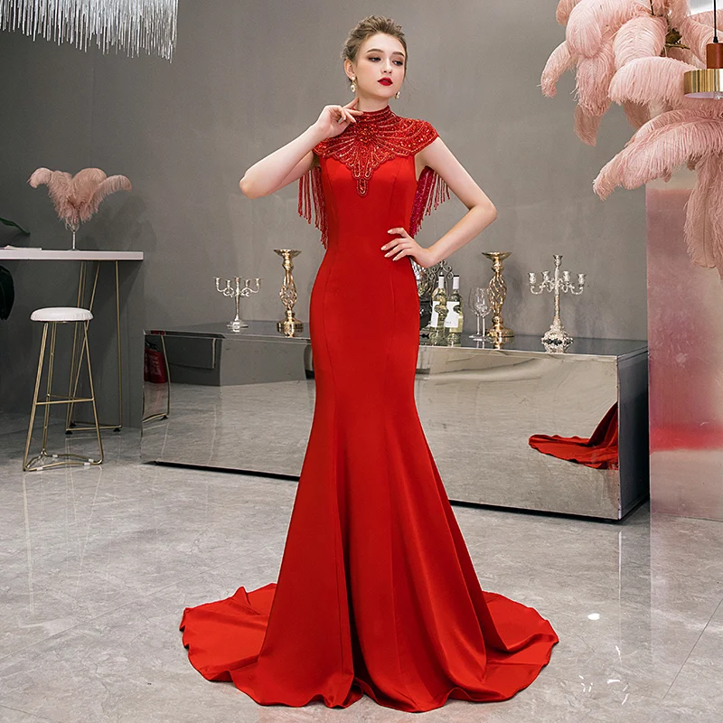 SSYFashion/Новое высококачественное роскошное вечернее платье розового цвета с высоким воротом Русалочки, Длинные Вечерние Платья De Noche
