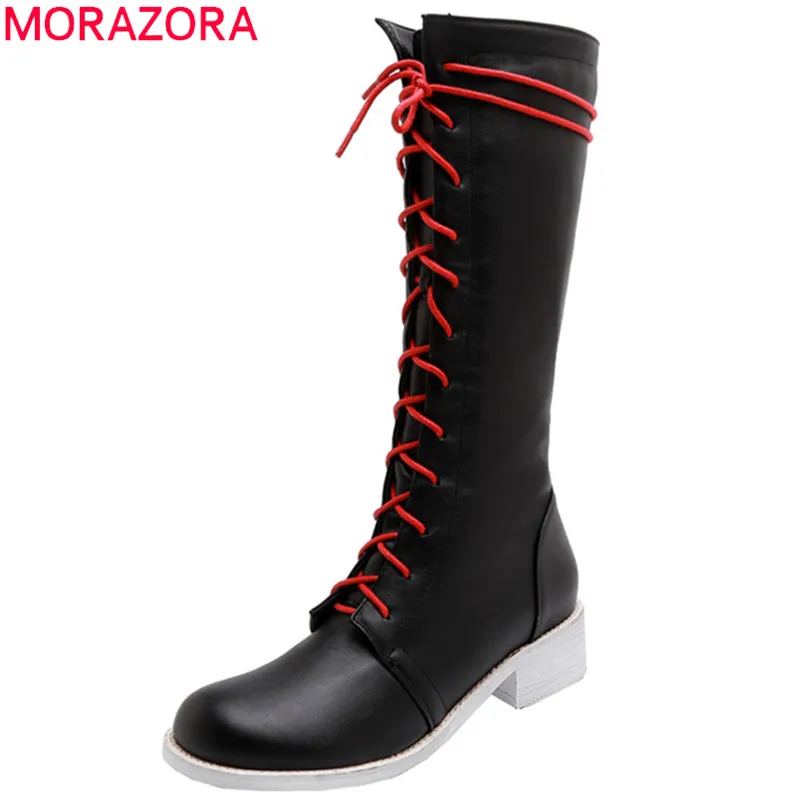MORAZORA/; женские сапоги до колена; Простые осенне-зимние сапоги с круглым носком; женская повседневная обувь на низком каблуке со шнуровкой; большой размер 46