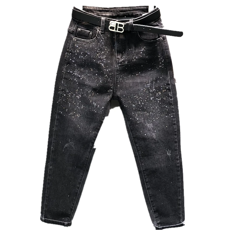 Billige Jeans Frauen Harem Perlen Diamant Boyfriend Jeans für Frauen Koreanische Frühling Herbst Schwarz Jean