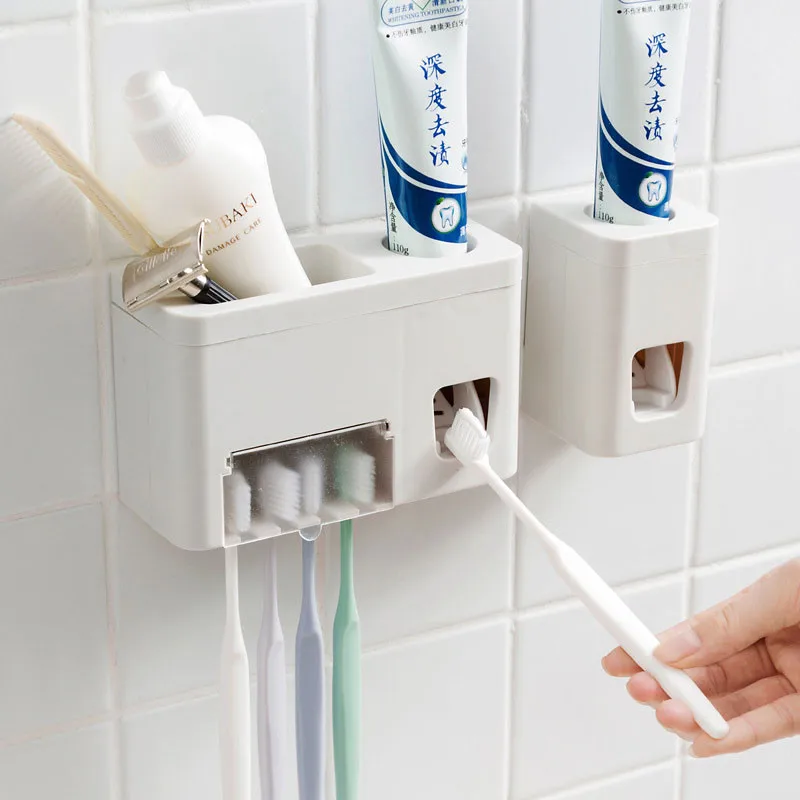 Простой стиль автоматический набор из зубных паст Серый Белый настенный держатель для зубных щеток стойка ковш зубная паста соковыжималка ванная комната стеллаж для хранения