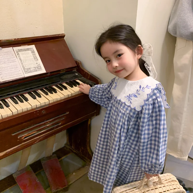 Korean style Toddler Girls Cute Embroidery Navy collar Cotton Plaid Dress 2021 Spring Little Princess Long Sleeve Party Dresses | Детская