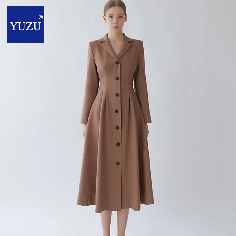 

Elegant Women Khaki Christmas Party Dress Office Long Sleeve Single-breasted Draped A-line Turn-down Collar Winter Dresses