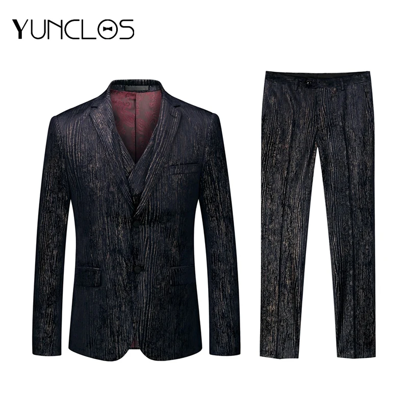 YUNCLOS, вертикальный узор, тонкие мужские костюмы, певица, сцены, Свадебные Мужские костюмы из 3 предметов, куртки, плоский воротник, смокинги, мужские костюмы