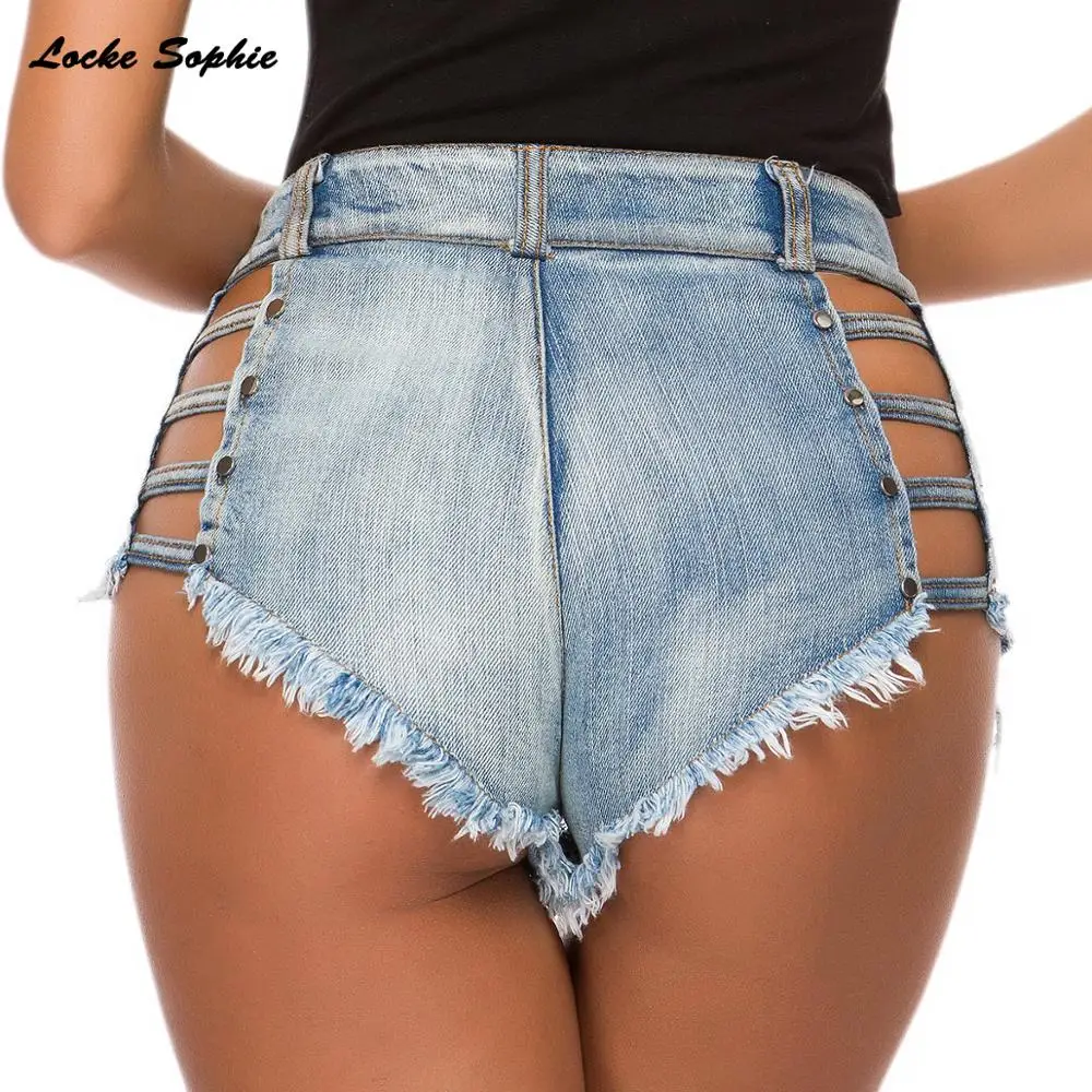 High waist Sexy Women's denim shorts 2022 Summer cotton Bandage rivets Splicing hole Ladies Skinny super short jeans | Женская