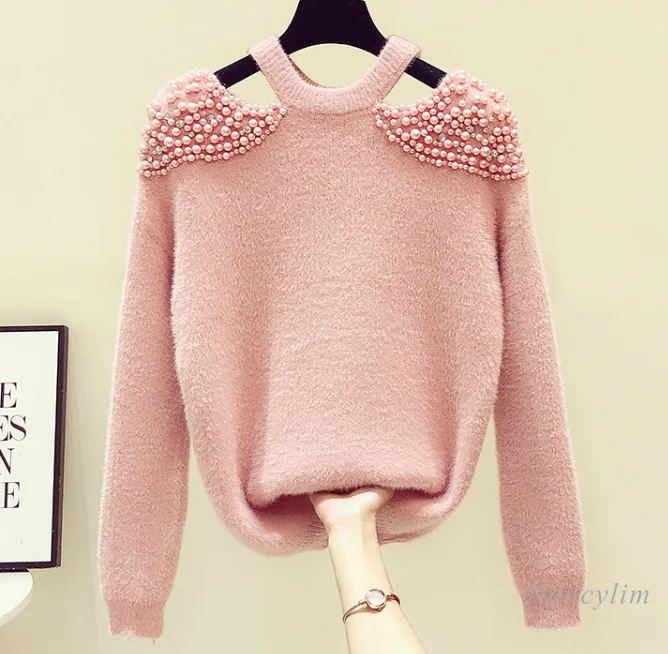 

Women Beaded Off Shoulder Sweater Thickened Halter Sexy Knit Top Female 2021 Spring Autumn New Plush Mink Fur Woolen Knitwear