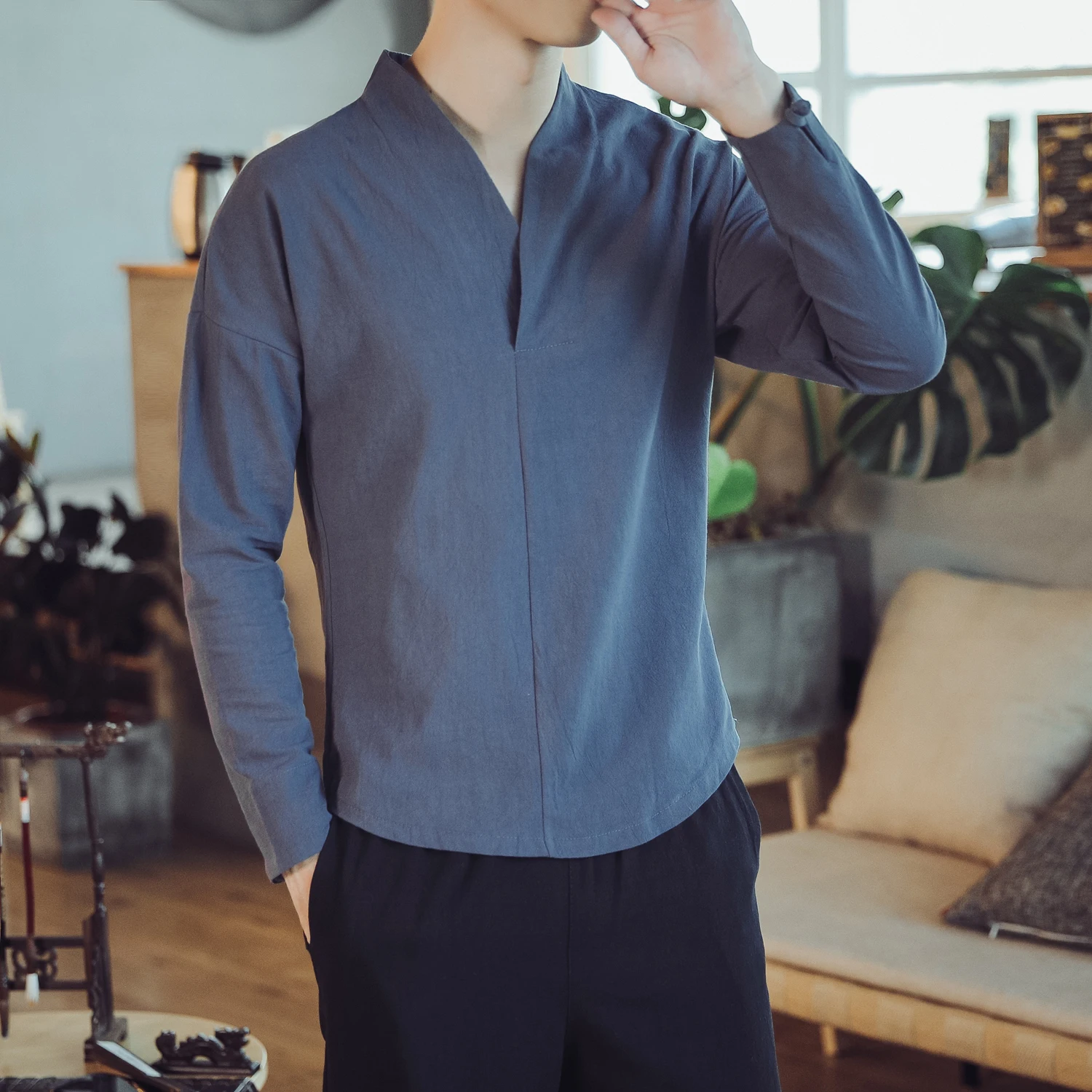 M-5XL Plain Color Autumn Long Sleeve Traditional Chinese Blouse V-Neck Traditional Chinese Clothing For Men Shirt Male XXXXXL