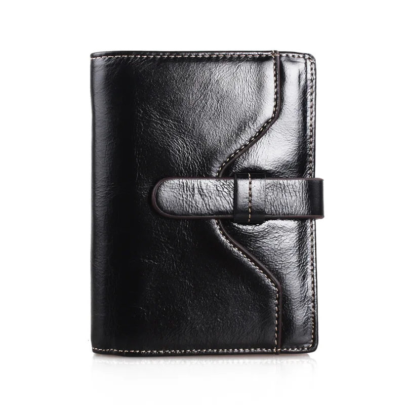Leather Short Wallet Women's Korean-style Simple Oil Wax Two Fold WOMEN'S Bi-Fold Wallet Genuine Leather - Цвет: Black