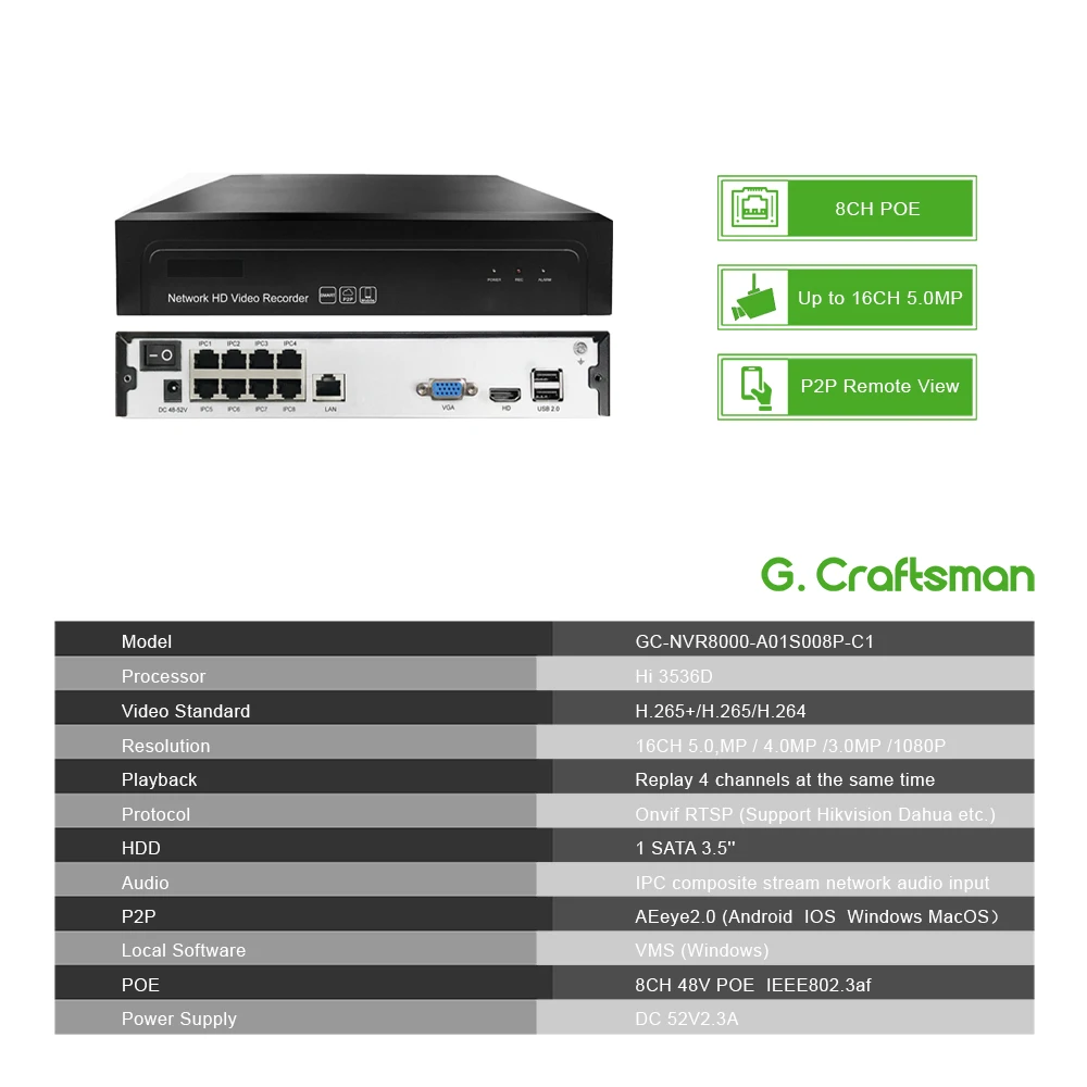 8ch 5MP аудио POE Комплект H.265 система видеонаблюдения безопасности NVR наружная Водонепроницаемая ip-камера наблюдения сигнализация Запись видео G. Craftsman
