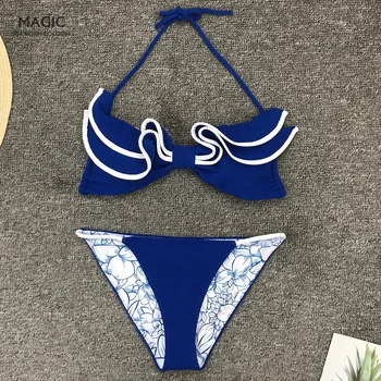 

Sexy Navy Blue Bandage Swimsuit Women Swimwear Bikini New Fashion Ruffle Bikini Set Tankini Push Up Swimsuit Mujer Bathing Suit