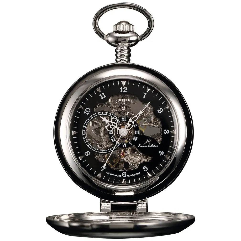 

KS Luxury Black Skeleton Self-stand Case Analog Hand Wind Mechanical Relogio Fob Pendant Chain Steampunk Men Pocket Watch/KSP063