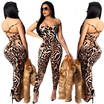 

Sexy Leopard Print Off Shoulder Jumpsuit Halter Skinny Long Playsuit Bandage Rompers Party Overalls for Women Combinaison Femme