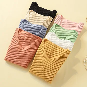 

Basic Knit Sweater Women 2019 Autumn Winter Long Sleeve V-neck Pullover Slim Knitted Female Tops Knitwear Badycon Sweater