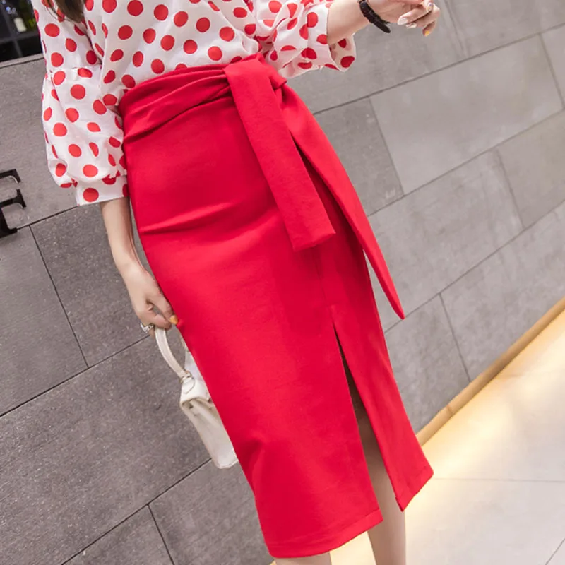 

summer Plus Size Office Lace up Zipper Women Skirts Elegant Mid-calf Package Hip Saias Sexy Split Womens Red Black Skirt Bodycon