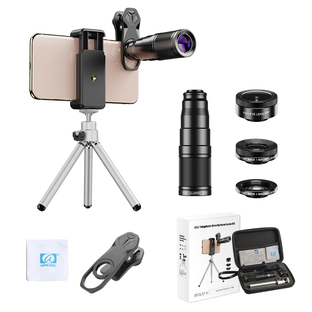 cell phone lens APEXEL New Phone Camera Lens kit 4in1 Telephoto Zoom 22X Lens Telescope Monocular Wide Macro Fisheye Lens Tripod with remote mobile lens Lenses