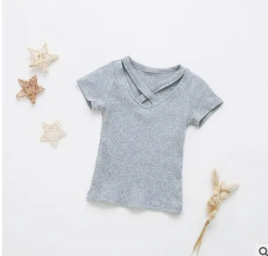 gray LOOZYKIT хлопковая Футболка для девочек летняя футболка однотонные топы с треугольным вырезом, топы для детей, футболка для девочек, детская одежда От 2 до 7 лет для малышей - Цвет: gray