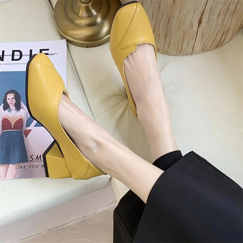 

SLHJC Women Leather Pumps 5 cm Mid Square Heel Square Toe Casual Heels Shoes Lady Office Work Pumps Slip On Fold Heel