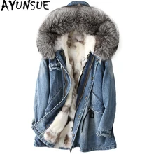 AYUNSUE натуральный пуховик с мехом лисы натуральный мех пальто женская джинсовая куртка зимнее пальто женская одежда теплая верхняя одежда Manteau Femme MY4248