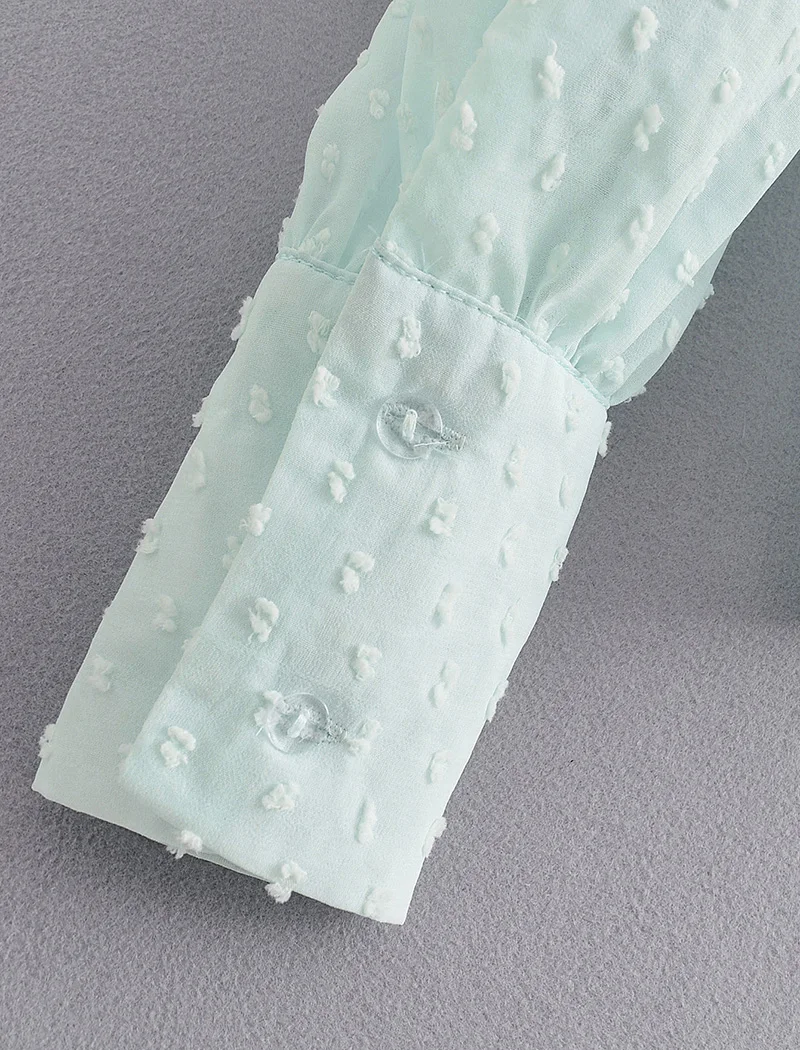 Aachoae Elegant Dots Emebroidery Transparent Blouse Women Puff Long Sleeve Pleated Blouses Ladies Sexy See Through Shirts Tops