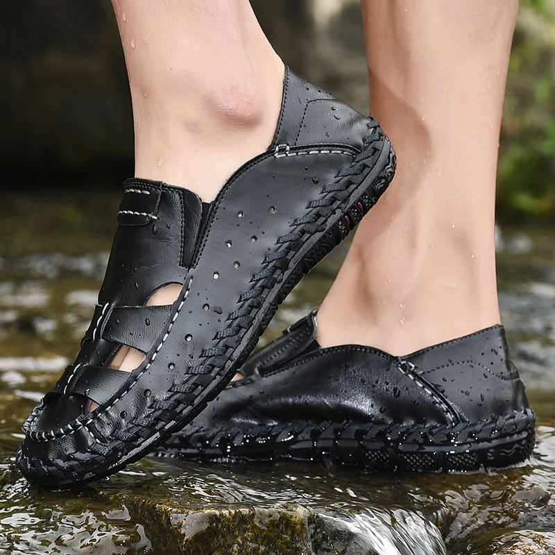 Сандалии мужские из натуральной кожи летние босоножки ручной работы в римском стиле дышащая простроченная