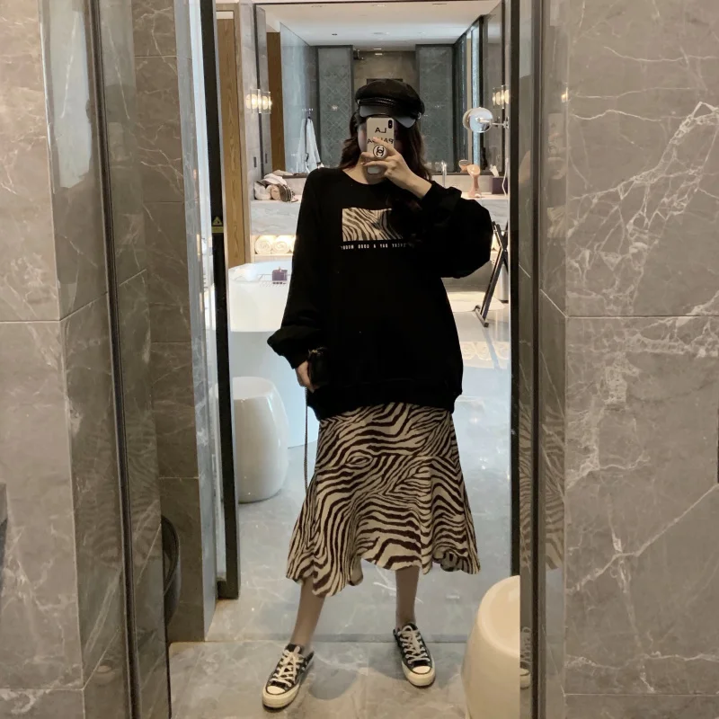 

Autumn Winter Women Loose Sweater + Retro Temperament Zebra Print Fishtail Skirt Casual