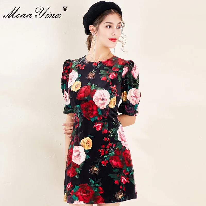 MoaaYina, модное дизайнерское платье, летнее женское платье с пышными рукавами, винтажное бархатное платье с цветочным принтом