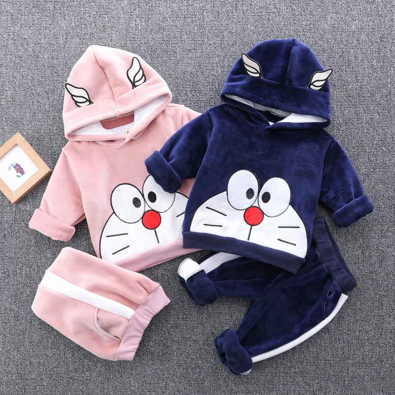 

2020 Spring Baby Boys Girls Clothing Sets Doraemon Children Warm Velvet Cotton Plush Hooded Tops+Pants Tracksuits Kids Clothes
