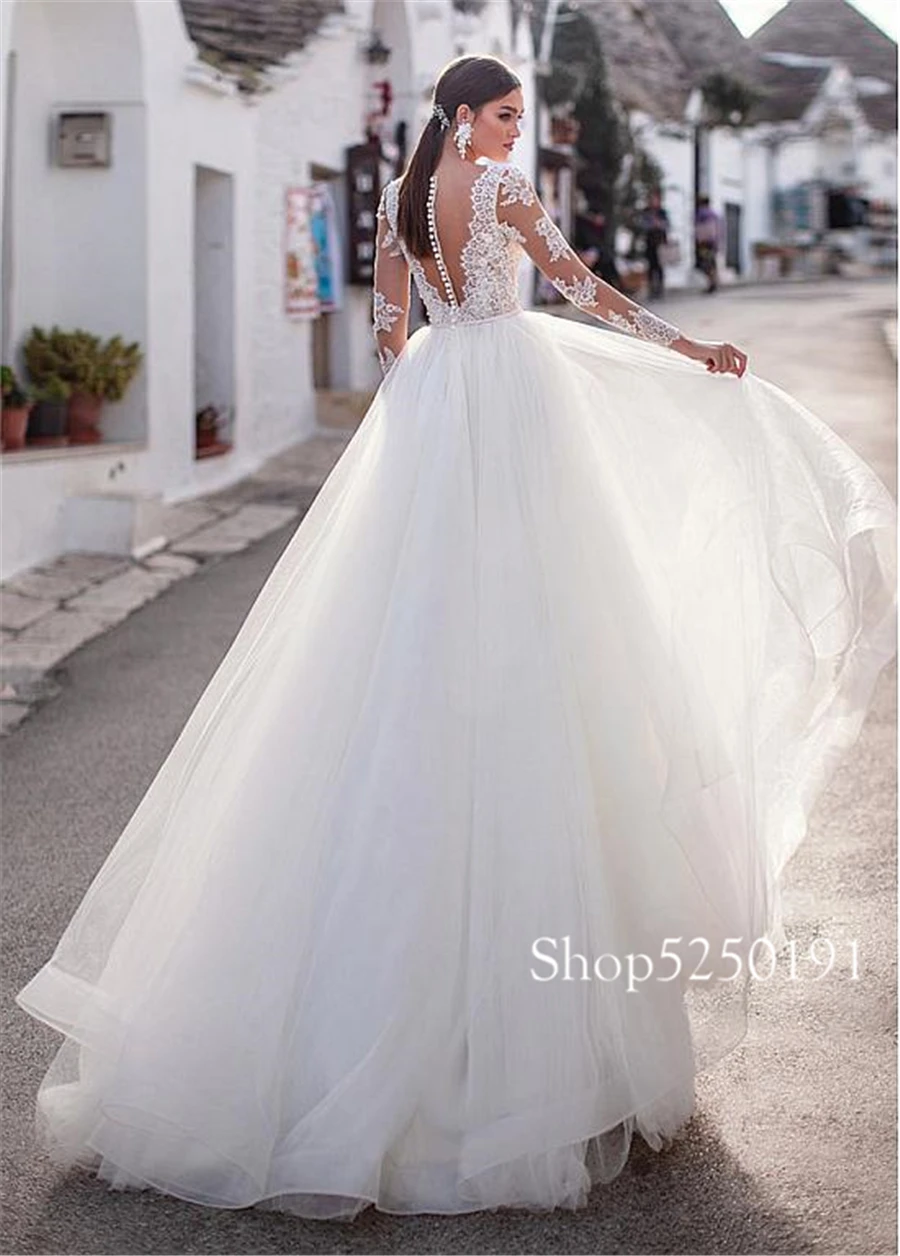 Winsome Tulle V-Neck A-Line Свадебные платья с длинными рукавами элегантное кружевное свадебное платье vestido noiva sereia