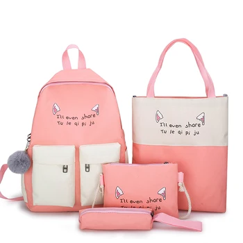 

Cartoon cat ear Printing 4 pcs/set Pompom Women Backpack Cute Lightweight Canvas Bookbags Middle High School Bags Teenage Girls