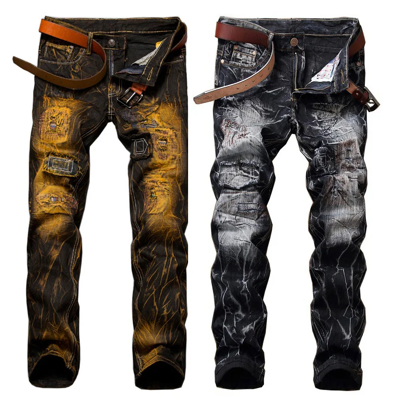 

Men’s Retro Distressed Denim Pants,Slim-fit Patched Street-fashion Casual Jeans,High Quality Tie-dyed Jeans,Youth Must;