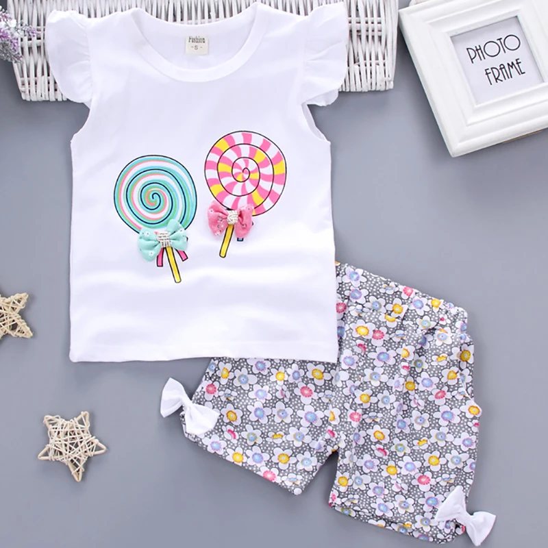 

Kids Clothing Sets Summer Kids Lollipop Short Sleeve + Short Pants Girls Baby Cartoon Kids Sets Sleeveless Children's Sets