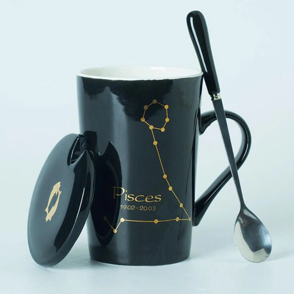 12 созвездий креативные керамические кружки с ложкой крышкой черный и Золотой фарфор Зодиак чашка для кофе с молоком 450 мл кофейная чашка - Цвет: Pisces