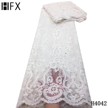 

HFX White African Lace Fabric 2020 High Quality Lace Wedding Dress French Sequin Lace Fabric Embroidery Tulle Lace Fabrics F4042