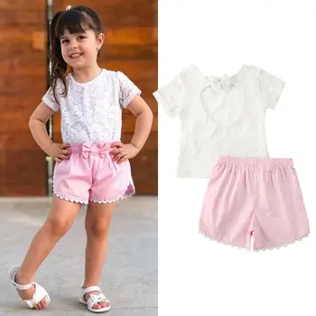 

Toddler Baby Girl 2PCS Summer Clothes Lace Floral Short Sleeve Tops T-Shirt Shorts Outfits Summer Girls Clothing Set
