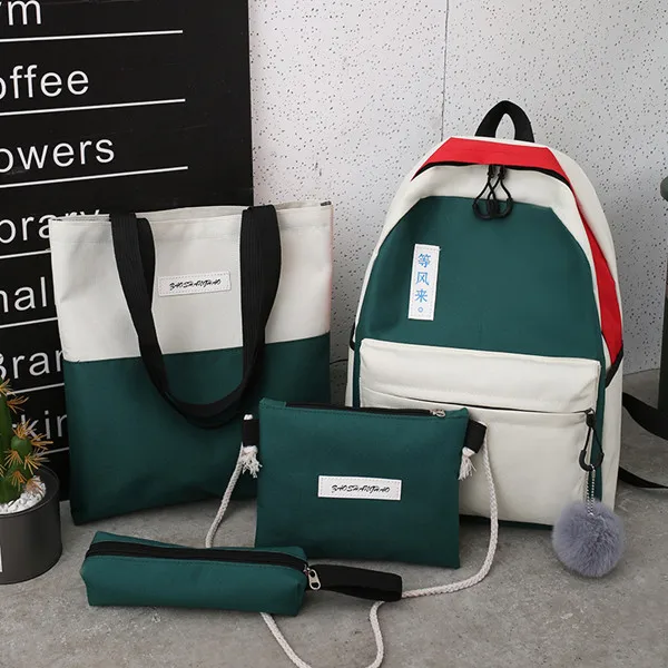 4 шт./компл. женские текстильные школьные рюкзаки в консервативном стиле школьная сумка для подростков девочек студенческие дорожные рюкзаки женская сумка для книг - Цвет: Зеленый