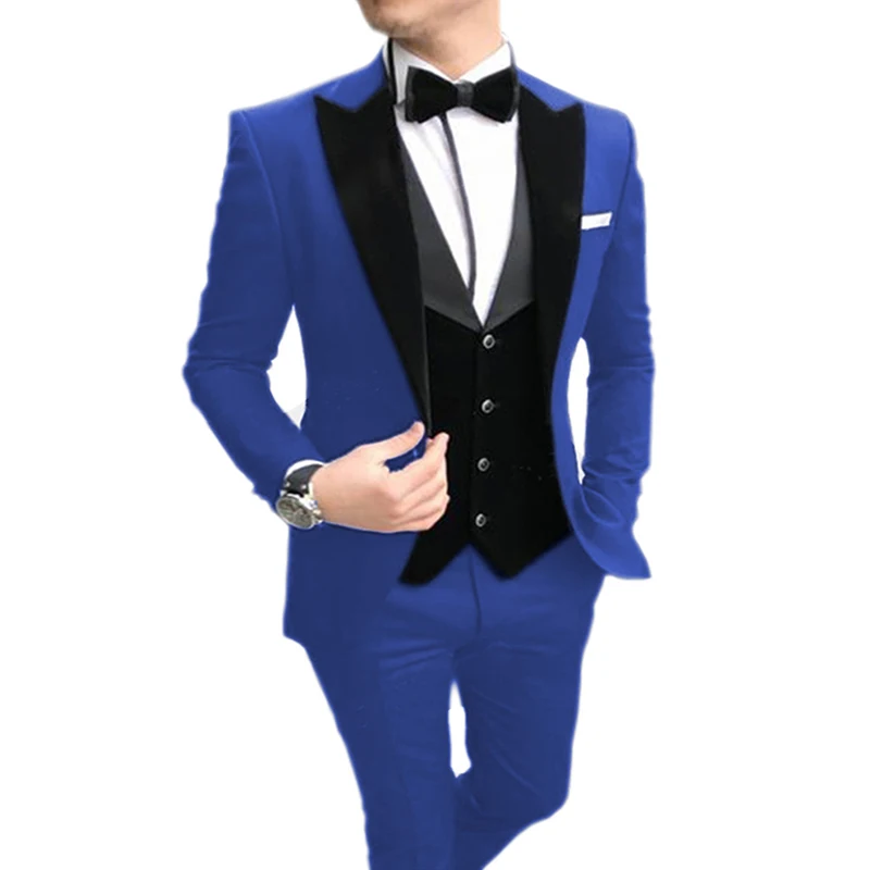 Мужской костюм из 3 предметов, повседневный приталенный черный жилет с отворотом, смокинги для лучших мужчин, костюмы для свадебной вечеринки(Блейзер+ жилет+ брюки - Цвет: Royal blue