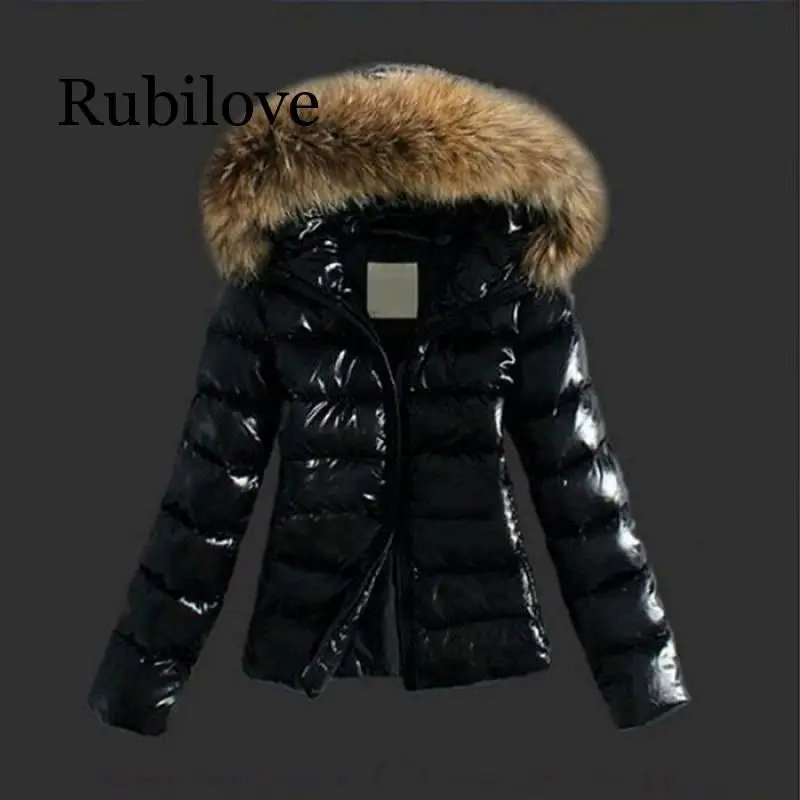 

Rubilove Outwear Zipper Collar Women Long Sleeve Winter Regular Hooded Artificial Fit Patchwork Black Fashion Fur Casual Coat