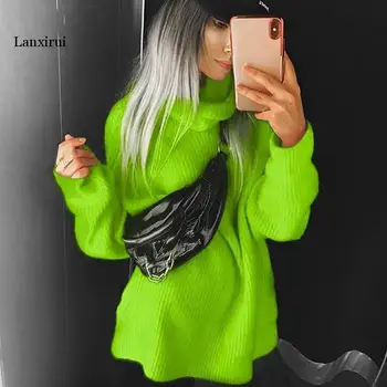 

Winter Autumn Turtlenecks Sweaters Women Neon Loose Long Sleeve Knitted Pullovers Streetwear Causal Oversized Long Sweaters
